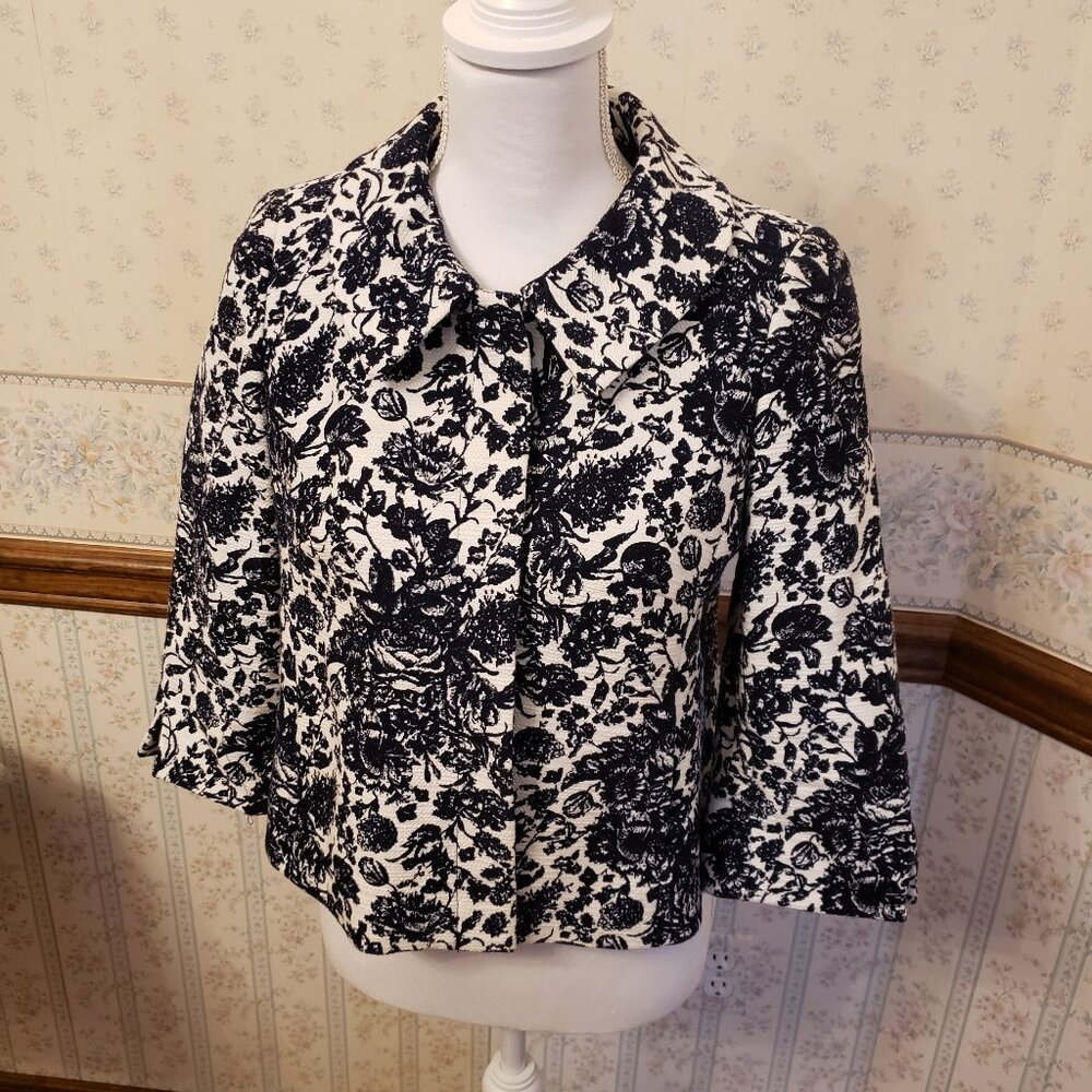TALBOTS 100% COTTON WOVEN SWING JACKET-PETITE 4- DARK BLUE/WHITE JACQUARD